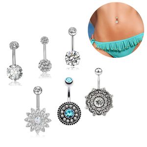 6pcs/set Vintage Flower Wasit Belly Crystal Body Jewelry Stainless Steel Rhinestone Navel & Bell Button Piercing Dangle Rings for Women Gift