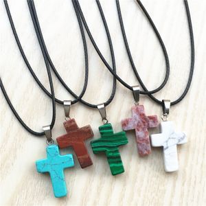 Neue Lederband Halsband Rosen Lila Tigerauge Opal Natürlichen Quarz Stein Kreuz Tropfen Anhänger Halsketten Punk Schmuck