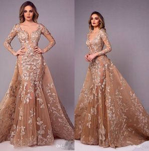2019 Mermaid Champagne Evening Dresses With Overskirt Long Sleeves Prom Dresses Lace Applique Illusion Plus Size Formal Party Dress