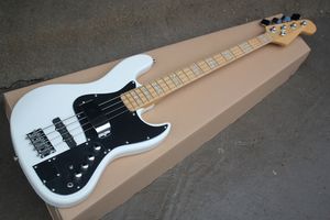 مصنع مخصص الأبيض 4 سلاسل الكتريك جيتار باس مع ترصيع اللؤلؤ الأبيض ، pickguard الأسود ، غطاء بيك اب ، تقدم مخصصة