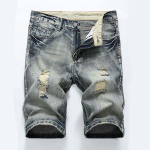 Novos homens calças de brim curtas calças de brim de motociclista calças curtas angustiado cintura média magro rasgado buracos denim shorts homens designer jeans