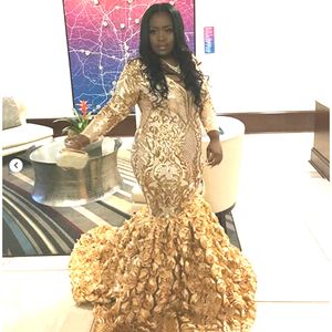 Plus Size Gold Mermaid Prom Dresses Sexy V Neck Długim Rękawem Suknie Wieczorowe Ruffles 3D Rose Flower Pagewant Suknie