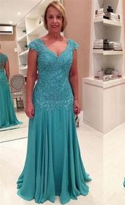 Simple New Plus Size Mother Of The Bride Dresses Vestidos Madre De La Novia V- Neck Blue Chiffon Long Evening Dresses With Appliques