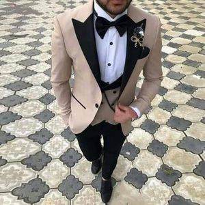 Champagne One Button Mens Prom Suits Peaked Lapel Groomsmen Wedding Tuxedos For Men Blazers Three Pieces Formal Suit Jacket+Pants+Vest