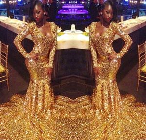 Sparkly Gold Sequins Prom Klänningar 2019 Afrikanska sjöjungfrun Långärmade Svart Girls Prom Dress Women Sexy Evening Party Crows