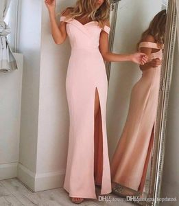 Günstige einfache rosa schulterfreie Meerjungfrau-Abschlussballkleider Lange High-Side-Split-formales Kleid Abendkleider tragen Partykleider Vestidos De Noiva