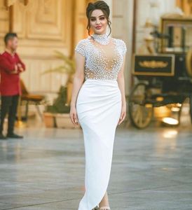 White Pearls Evening Dresses 2020 Modern High Neck Cap Sleeve Dubai Kaftan arabic Prom Dresses Long Women mermaid Formal Gowns with Slit