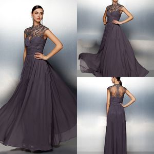 2020 Modest Elegant High Neck Sleeveless A Line Evening Dresses Lace Applique Crystal Formal Dresses Floor Length Party Gowns