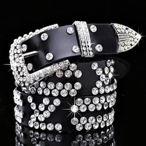 Ins fashion luxury diamond zircon letter genuine leather designer belt for female women girls 113cm 125cm