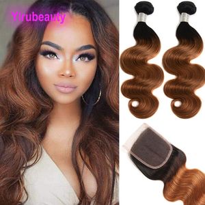 Brasilianska jungfruliga hår 2 -buntar med 4x4 spetsstängning 1B/30 Body Wave 3 Pieces 1B 30 Ombre Human Hair Extensions