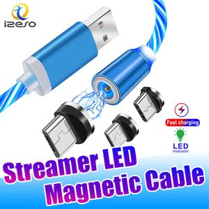 Cabos telefônicos magnéticos de 3 pés 2A Carregador rápido LED Cabo de luz fluida Linha de carregamento Streamer Cabo de carga rápida para iPhone 15 Samsung Huawei Xiaomi izeso