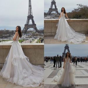 Julie Vino 2024 Wedding Dresses A Line V Neck Backless Applique Lace Tulle Ruffles Sweep Train Braidal Gowns Plus Size Robe De