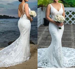 Backless Plus Sexy Size Dresses Mermaid Applique Full Lace Custom Made Sweep Train Covered Buttons Wedding Gown Robe De Mari e