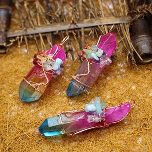 10Pcs Beautiful Rainbow Aura Dyed Stone Rough Quartz Crystal Point Rose Gold Wire Wrapped Gemstone Chips Beads Tree of Life Chakra Pendants