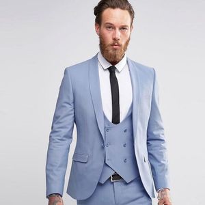 Ljusblå brudgum Tuxedos Sjal Lapel Groomsman Bröllop 3 Piece Suit Fashion Men Business Prom Party Jacka Blazer (Jacka + Byxor + Tie + Vest) 2268
