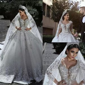 Queda vestidos de novo e luxuoso frisada Árabe Bola de vestidos de casamento vestido glamouroso mangas compridas Tulle frisado apliques de lantejoulas de noiva