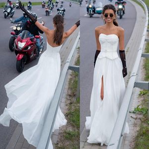 Beach Wedding Dresses Sexy Strapless Beaded Front Split Bridal Gowns Illusion Open Back Bohemian Floor Length Wedding Dress