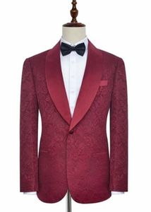 Real Picture Popular Burgundy Paisley Groom Tuxedos Side Vent Saal Lapel Män Coat Byxor Set Party Passits (Jacka + Byxor + Bow Slips) W118