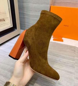 Hot Sale-Fashion Womens Ankel Half Boots Martin Ladies Chunky High Heel Pekad Toes Mid-Calf Suede Bootie