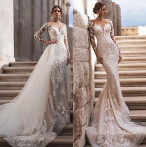 Sheer Long Sleeves Lace Mermaid Bröllopsklänningar 2020 Tulle Applique Sweep Train Wedding Bridal Gowns Robes de Mariée med avtagbar kjol