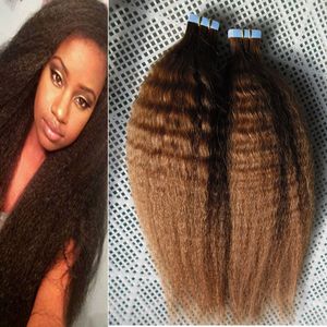 Grov yaki tejp i förlängningar Mänskligt hår 100% Real Remy 40st Kinky Straight Skin Weft Mänskligt hår Dubbelsidigt Tape Hair 16 