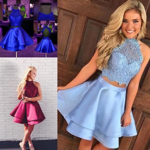 Halter Sky Blue Homecoming Dresses Two Piece Lace Applique Tiered Kirt Satin Custom Made Tail Party Prom Gown Graduation Formal Wear