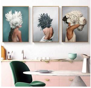 Modern Posters and Prints Flowers Feather Women Print Oil Painting Canvas Wall Art Pictures for Living Room Home Decoration