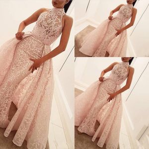 Sexy Arabic New Blush Pink Mermaid Evening Wear High Neck Full Lace Illusion Open Back Overskirts Formal Prom Dresses Party Gowns