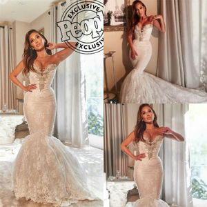Luxury Mermaid Bröllopsklänningar Sweetheart Lace Appliqued Crystal Country Wedding Dress Sweep Train Plus Size Robes de Mariée
