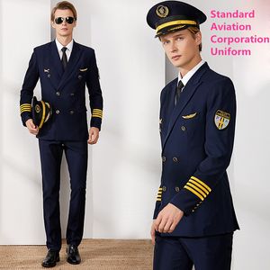 Air Captain Uniform Man Pilot Flygbolag Uniform Coat Professionella kostymer Hatt + Jacka + Byxor Aviation Property Arbetskläder