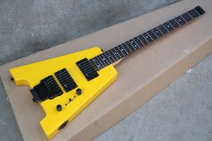 Guitarra elétrica fábrica Personalizado Amarelo Headless com HH Pickups, Black Hardwares, Rosewood Fretboard, oferecendo serviços personalizados.