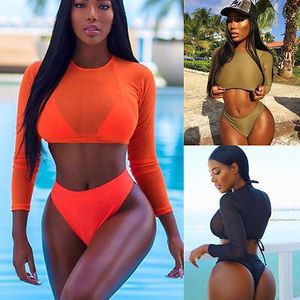 Two Piece Swimsuit Summer Sexy Women Mesh Long Sleeve High Waist Bikini Set Push Up Swimwear Bra+Bottom+Cover Up Swimsuit