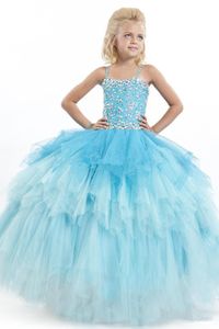 2020 Glitz Abiti da spettacolo per ragazze Bellezza Bling Perline di cristallo Halter Lace Up Back Puffy Pieghe Tiered Ball Gown Flower Girls Dress DH1126