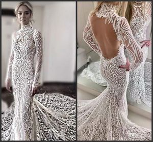 Elegant Full Lace Wedding Dresses High Neck Long Sleeves Backless Bridal Gowns Sweep Train Sexy Open Back Mermaid Wedding Dress New