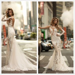Newest Sexy Illusion Lace Mermaid Wedding Dresses Open Back Long Sleeve Tulle Applique Court Train Bridal Wedding Gowns Vestidos De Mariee