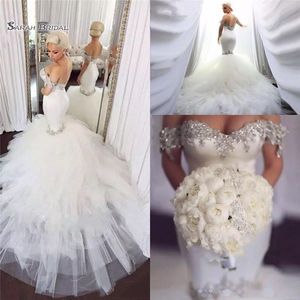 Sparkly Elegant Mermaid Wedding Dresses Crystal Beaded Tulle Puffy African Bridal Gowns Plus Size Vestidos De Novia