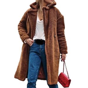 Mode Kvinnor Teddy Faux Furrockar Vinter Varm Fluffig Långa Coats Overcoat Kvinna Lapel Lösa Långa Cardigan Jackor Ytterkläder