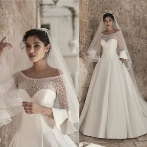 Luisasposa Elegant Ball Gown Jewel Neck Long Sleeve Satin Crystal Wedding Dresses White Wedding Gowns Sweep Train Bridal Gowns