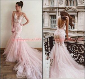Sexy Backless Lace Arabic Mermaid Wedding Dresses Pink Tulle V-Neck Plus Size Cheap african Country Bridal Gown Train Bride Dress Custom