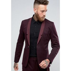 Classic Style One Button Burgundy Groom Tuxedos Shawl Lapel Men Suits 2 pieces Wedding/Prom/Dinner Blazer (Jacket+Pants+Tie) W792