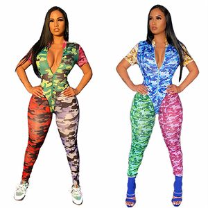 Fashion Patchwork Color Jumpsuits Short Sleeve Zipper Sexy Camouflage Rompers Comfort Onesies Ladies Casual Jumpsuit Pullover Nightclub Sets