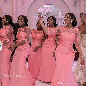 2019 Tanie Coral Druhna Dress Ceremonia Ślubna Syrenka Długie Nigerii Czarne Dziewczyny Afryki Formalna Maid of Honor Gown Plus Size Custom
