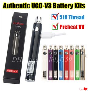 Autentisk Ugo V3 Förvärmningsvariabel Spänning 510 Trådväska Batteri Kits 650 900mAh Evod Ego Micro USB-batterier för tjocka oljekassetter