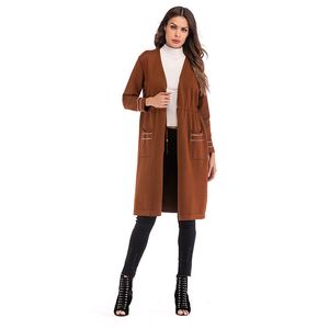 QNPQYX Nuovo Autunno Trench Lungo Solido Giacca Lavorata a Maglia Casual Lace up Manica Lunga Tasche Capispalla Mantello Maglieria Cappotto Outwear Mantello