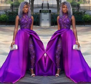 2020 Classic Purple Jumpsuits Prom Dresses With Detachable Train High Neck Lace Appliqued Bead Evening Gowns African Party Women Pant Suits