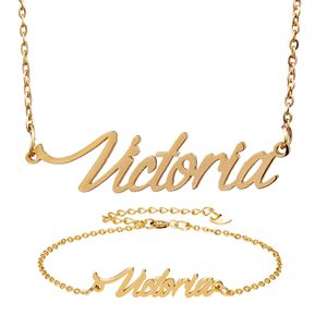 Stainless Steel Name Necklace Bracelet Set " Victoria " Script Letter Gold Choker Chain Necklaces Pendant Nameplate for womens Gift