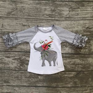Dziewczynek Ubrania 2019 Fall Girls Bawełna Ruffled Rękaw Koszulki Toddler Baby Elephant Bird Flower Pirinting Raglan Tops Odzież dziecięca