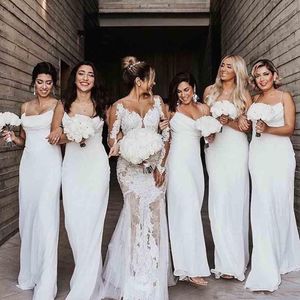 Simple Cheap White Long Bridesmaid Dresses Sexy Spaghetti Straps Backless Sheath Wedding Guest Dress Plus Size Maid Of Honor Gowns AL4121