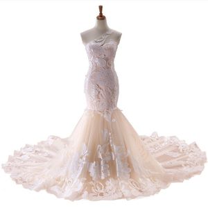 Gótico Flores Florais Vestidos de Casamento De Laço Sereia Um Ombro Aberto Volteiro Corte De Corte De Trem Robes de Mariée Plus Size Vestidos de Novia