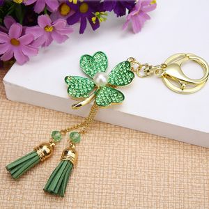 Luxury Clover Key Chains Keychains Rhinestone Flower Tassel Fashion Metal Keyring Ring Holder Car Accessories Women Girls Bag Charms Jewelry